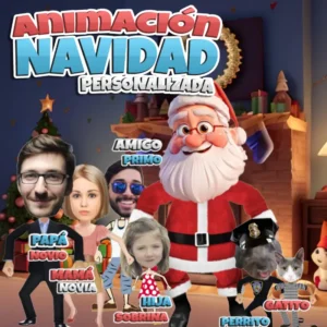 Animación personalizada de Navidad con papá, mamá, tío, amigo, perro y gato junto a Santa Claus