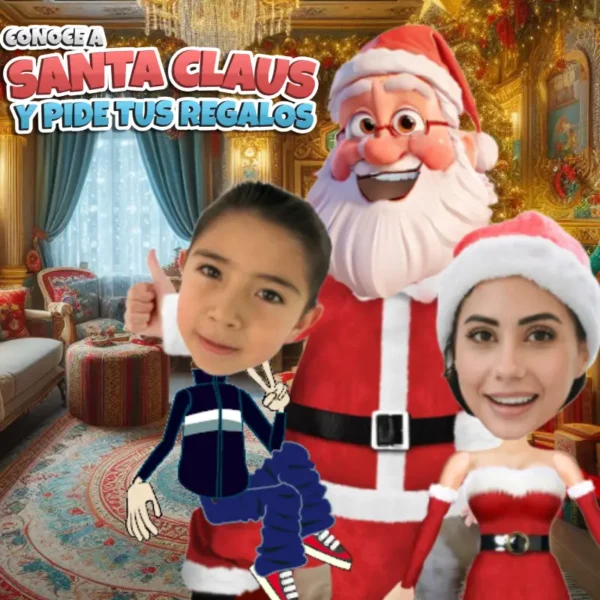 Animación personalizada de Navidad: niños con Santa Claus y papá disfrazado o mamá con traje de Santa.