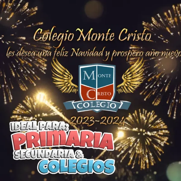 Logo de la escuela y fuegos artificiales - Una escuela que les desea los mejores deseos y una feliz Navidad