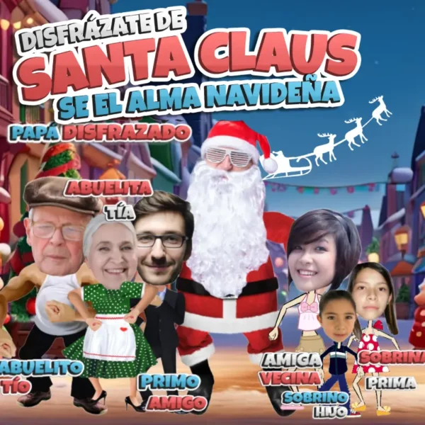 Animación personalizada de Navidad con el abuelo, la abuela, el amigo y la vecina junto a Santa Claus.